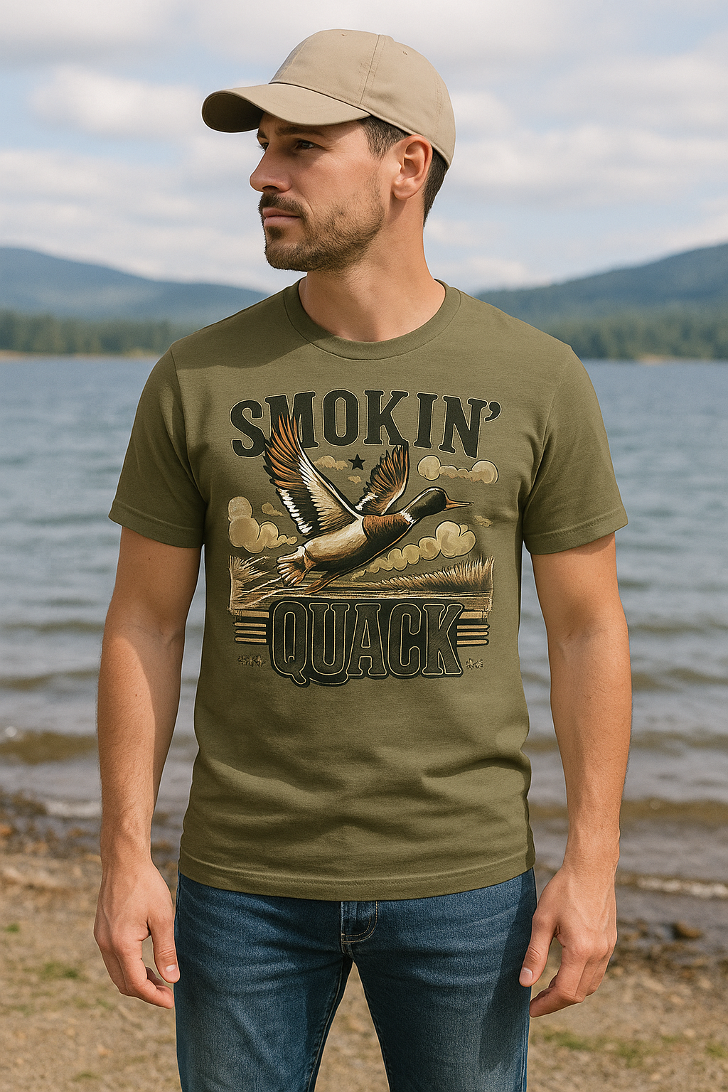 Man wearing a green t-shirt with a duck graphic and text by a lake.