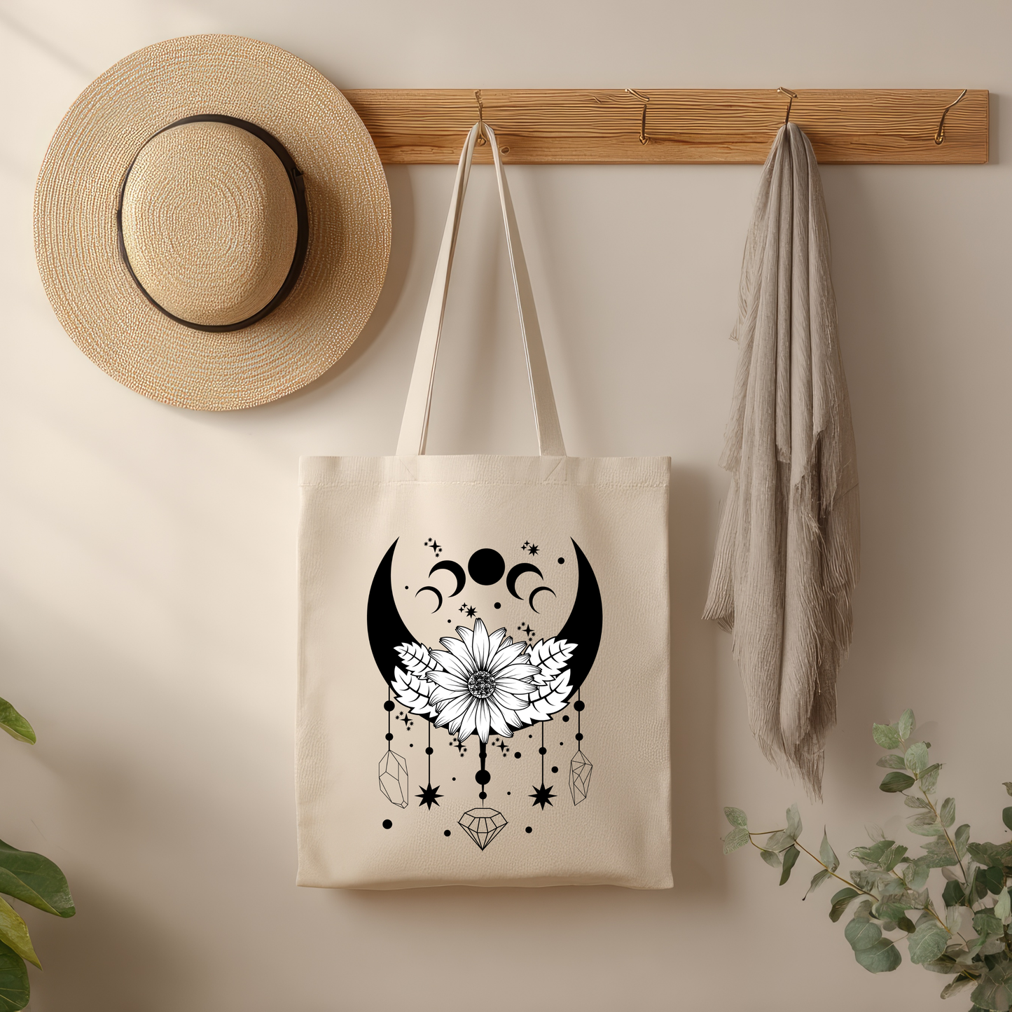 Moon Phase Floral Tote Bag