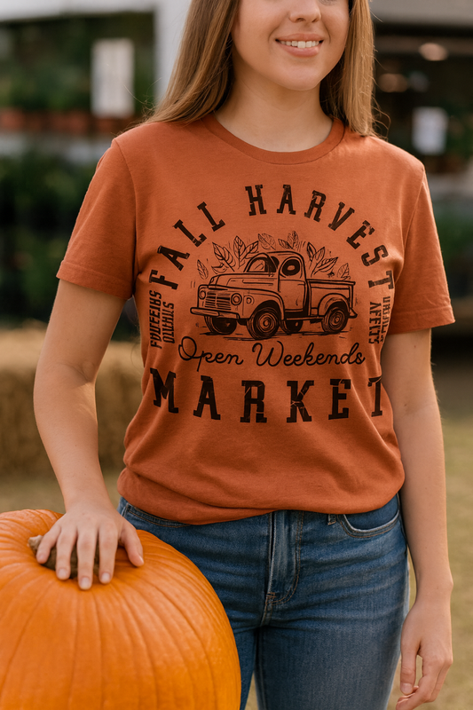 Woman wearing a burnt rust orange “Fall Harvest Market” graphic tee with a vintage truck and autumn leaves design, standing in a pumpkin patch holding a large pumpkin.