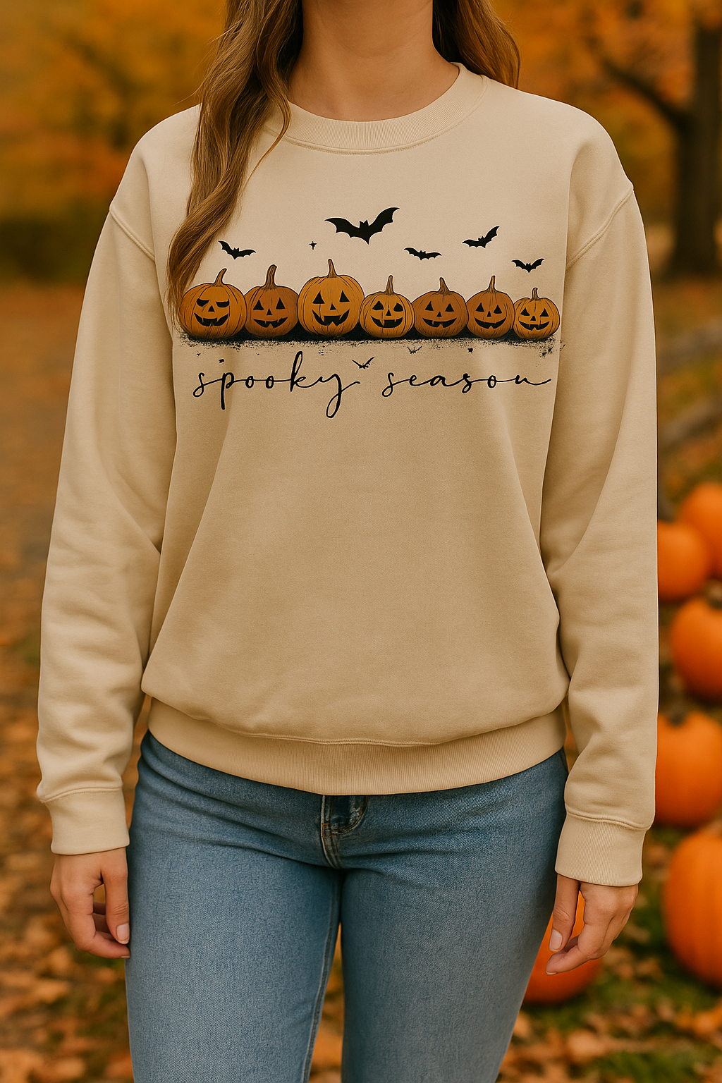 Sandstone crewneck sweatshirt with hand-drawn jack-o’-lantern pumpkins and bats with the text ‘spooky season.
