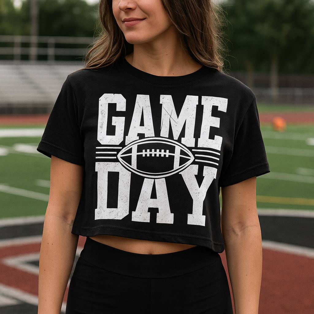 Woman wearing a black Bella+Canvas 6482 cropped T-shirt with a distressed “GAME DAY” football graphic, standing on the sidelines of a football field.
