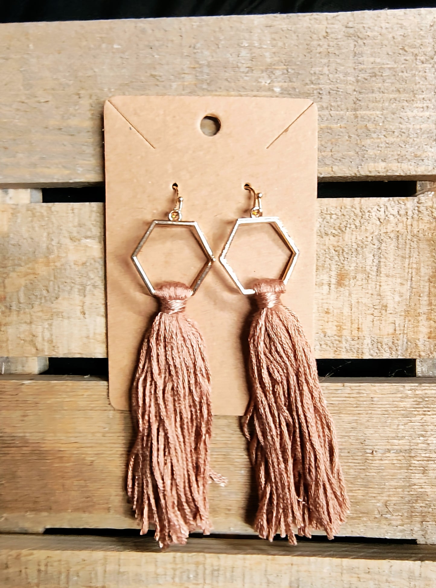 Tan Hexagon Tassel Earrings