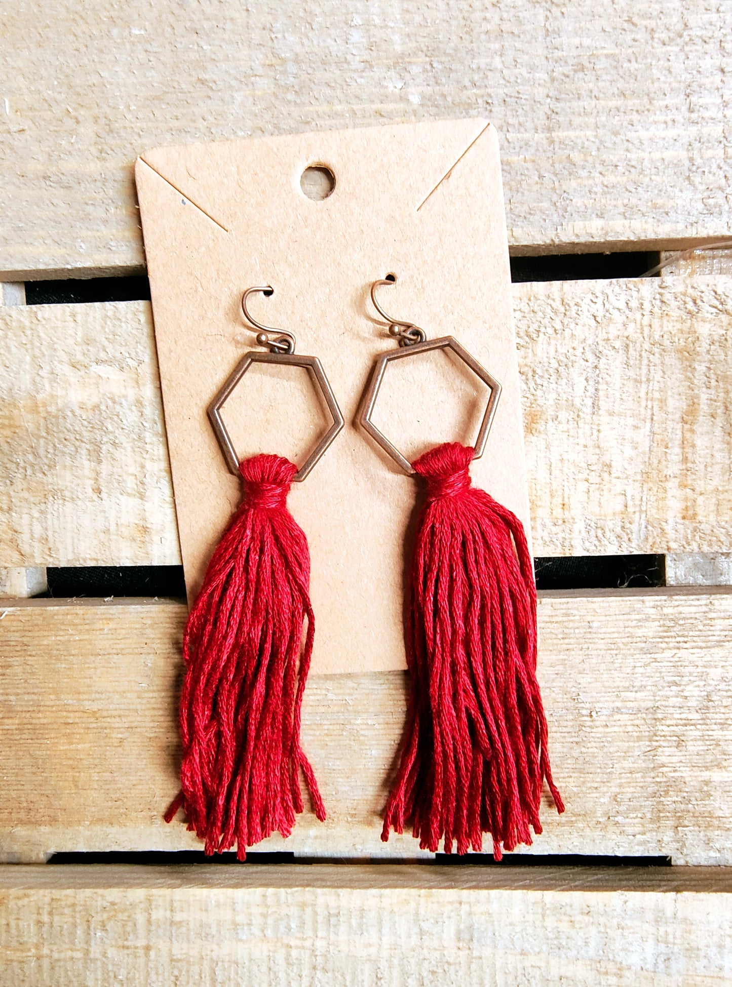 Red Hexagon Tassel Earrings