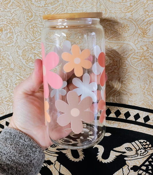 Boho Flower 16oz Glass Can