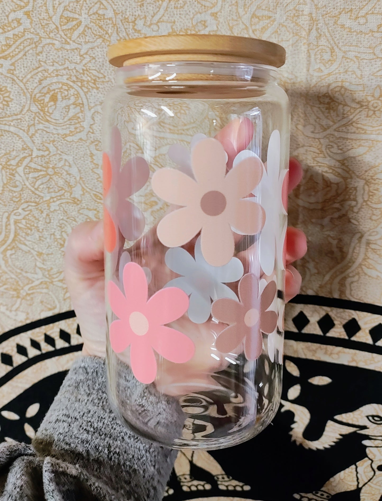 Boho Flower 16oz Glass Can