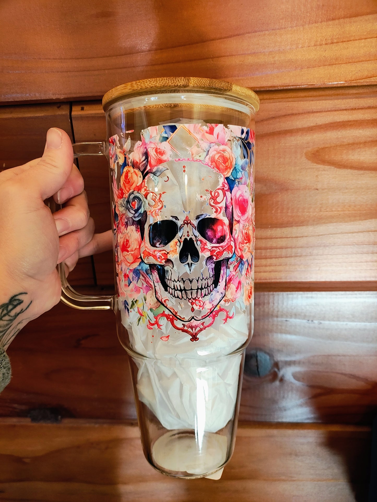 Floral Skull 40oz Glass Tumbler