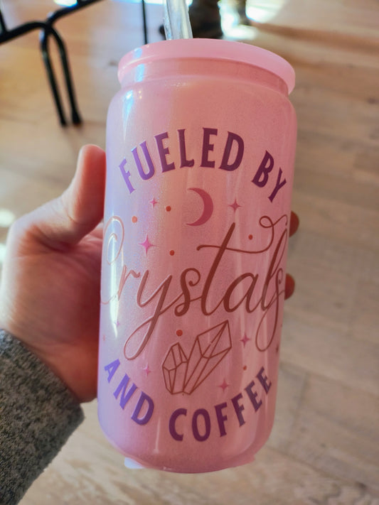 Fueled By Crystals and Coffee Shimmer Pink Glass Can