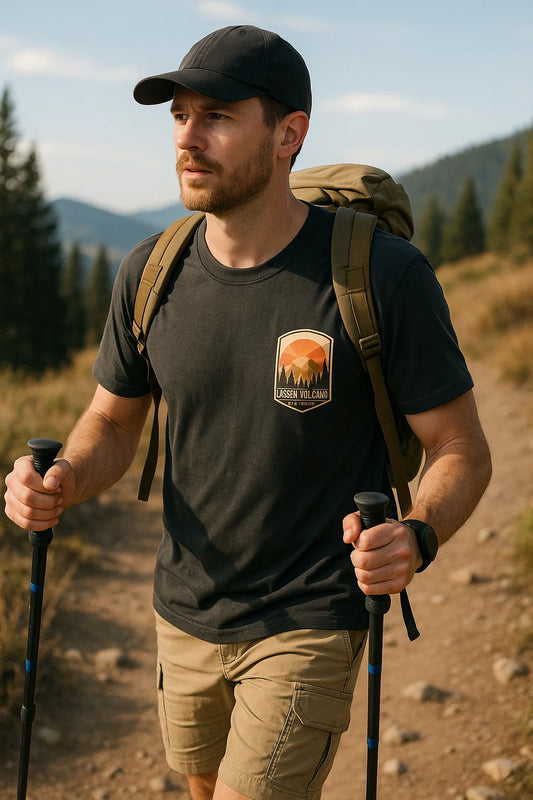 Handmade Lassen Volcanic National Park t-shirt worn by a hiker on a mountain trail. Outdoor lifestyle apparel.