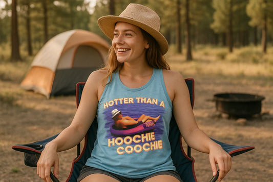 Woman wearing a pink racerback tank top with “Hotter Than a Hoochie Coochie” printed on it, standing outdoors by a fence, summer custom graphic tank.