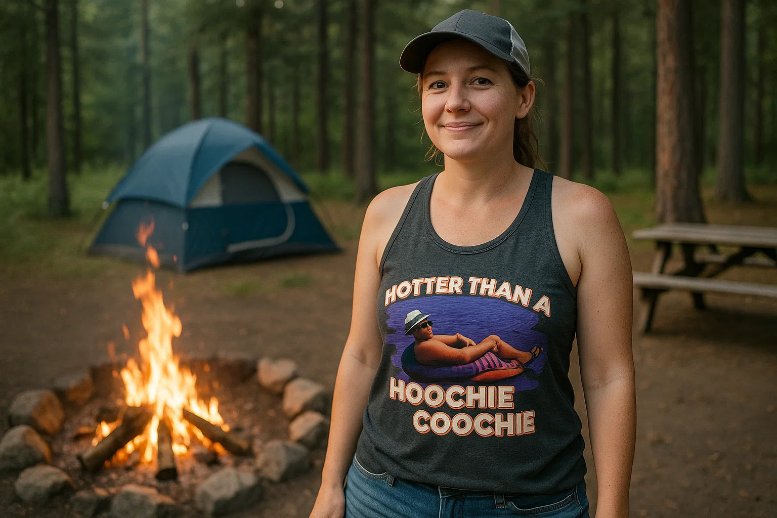 Woman wearing a pink racerback tank top with “Hotter Than a Hoochie Coochie” printed on it, standing outdoors by a fence, summer custom graphic tank.