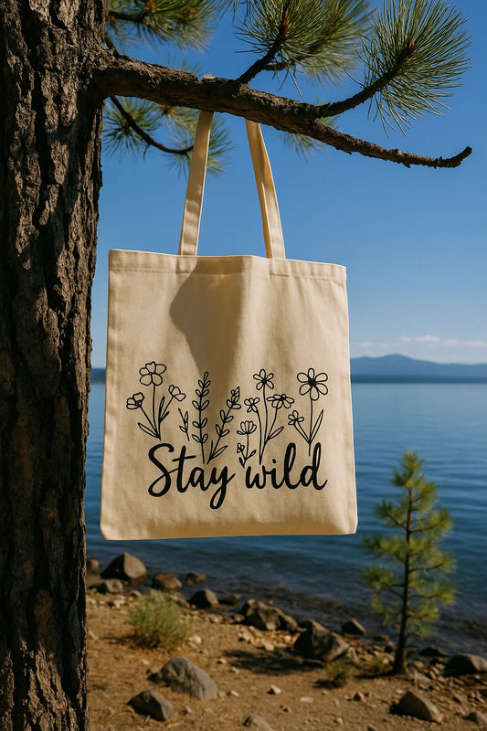 Natural canvas tote bag with floral line art and “Stay Wild” text, hanging on a pine tree near a mountain lake.