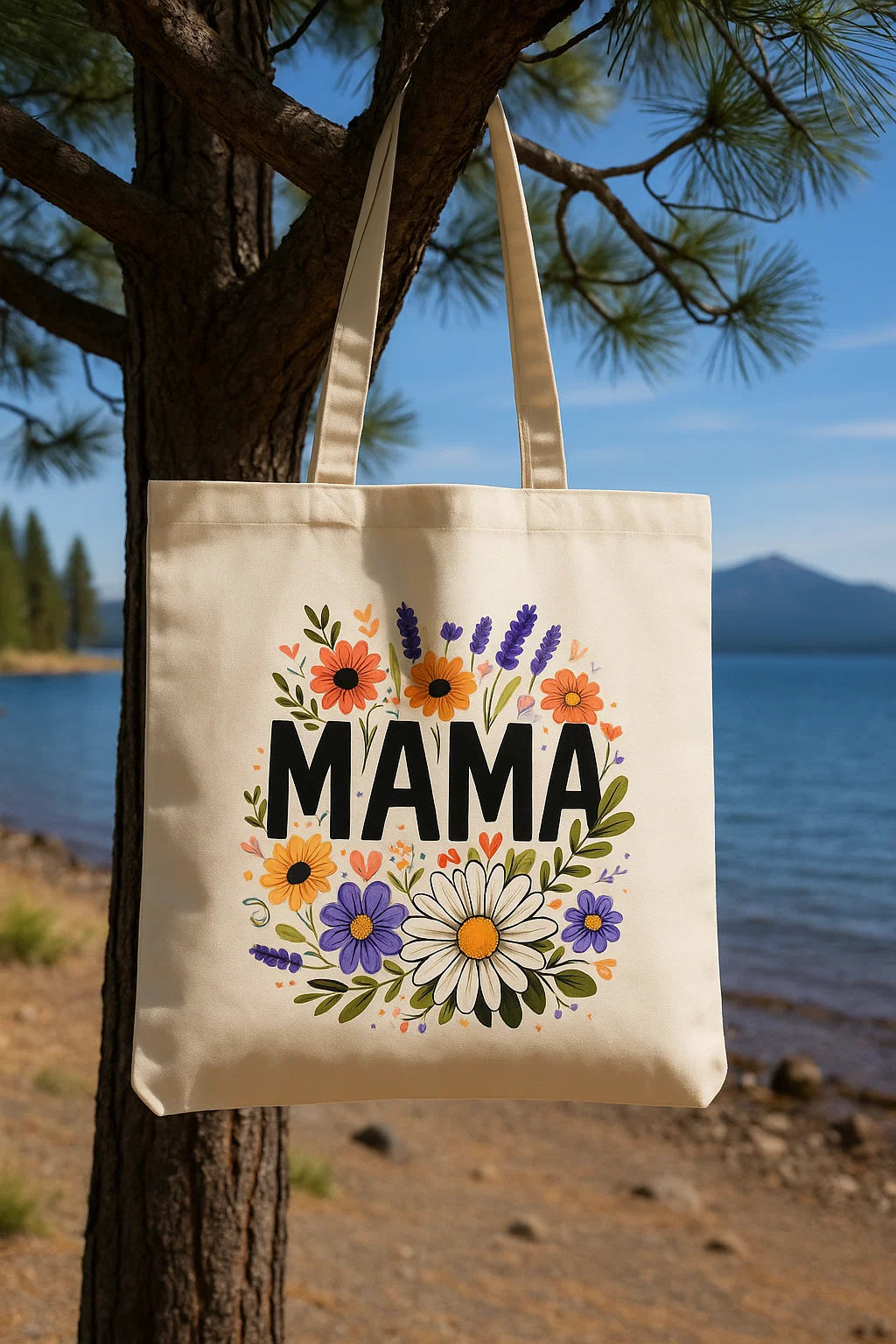 Canvas tote bag with colorful wildflowers and bold “MAMA” text, hanging on a pine tree near a mountain lake.
