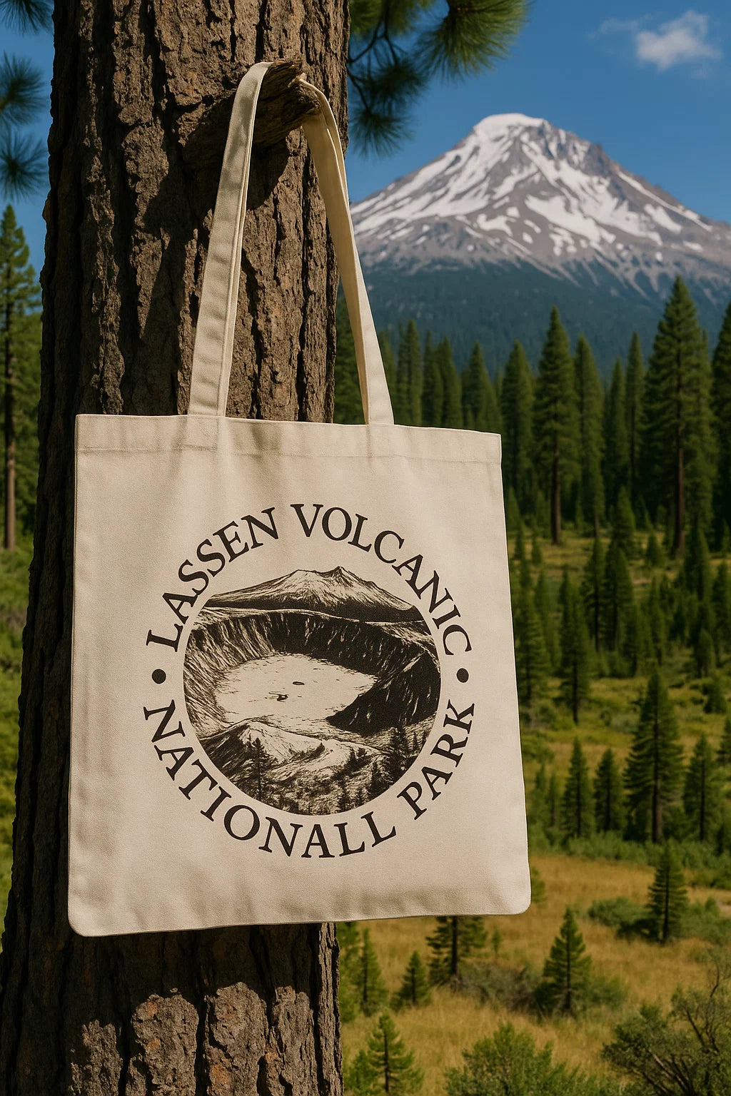 Canvas tote bag printed with Lassen Volcanic National Park crater design, hanging on a tree with Mount Lassen in the background.