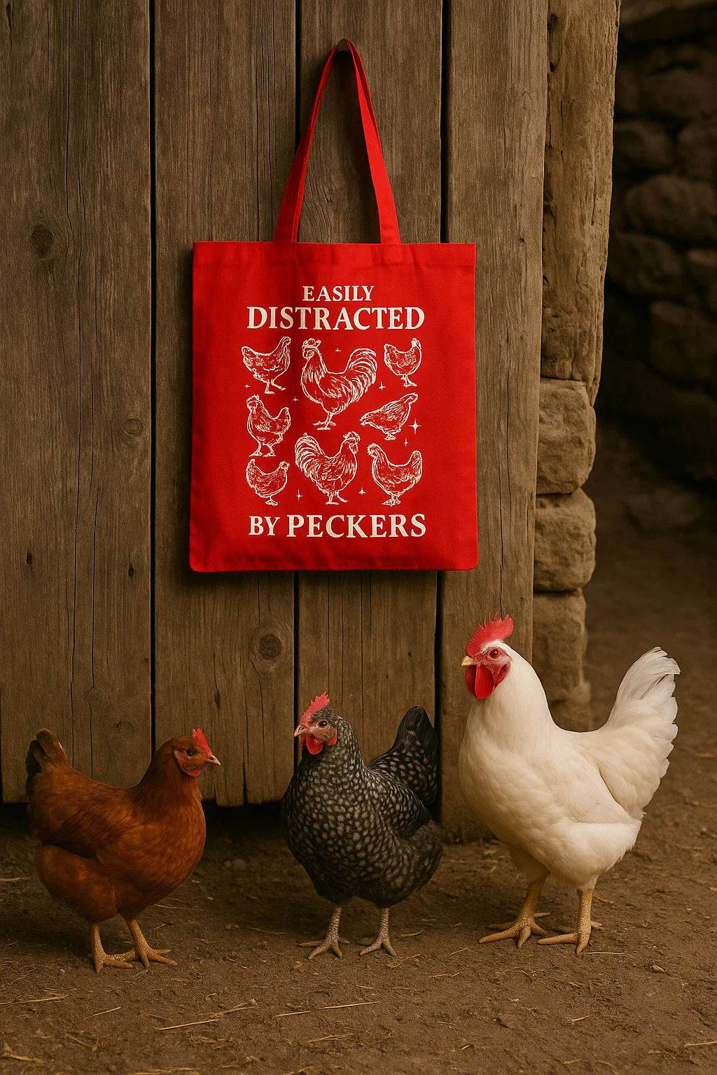 Red canvas tote with white chicken graphics and the text “Easily Distracted by Peckers,” hanging on a barn wall above real chickens.