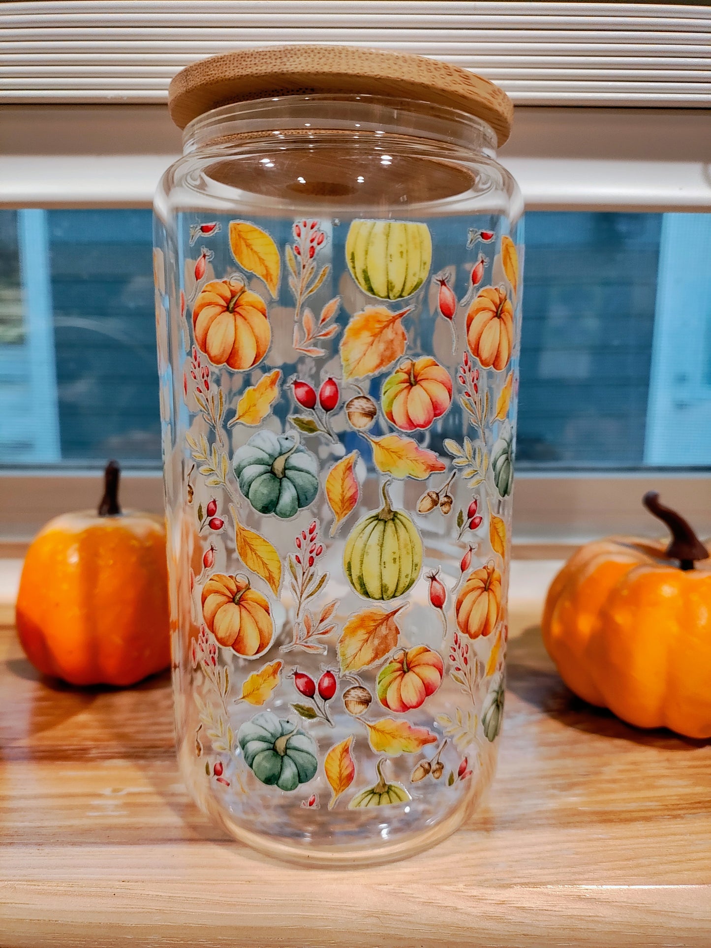 Happy Fall 16OZ Glass Can with Bamboo Lid