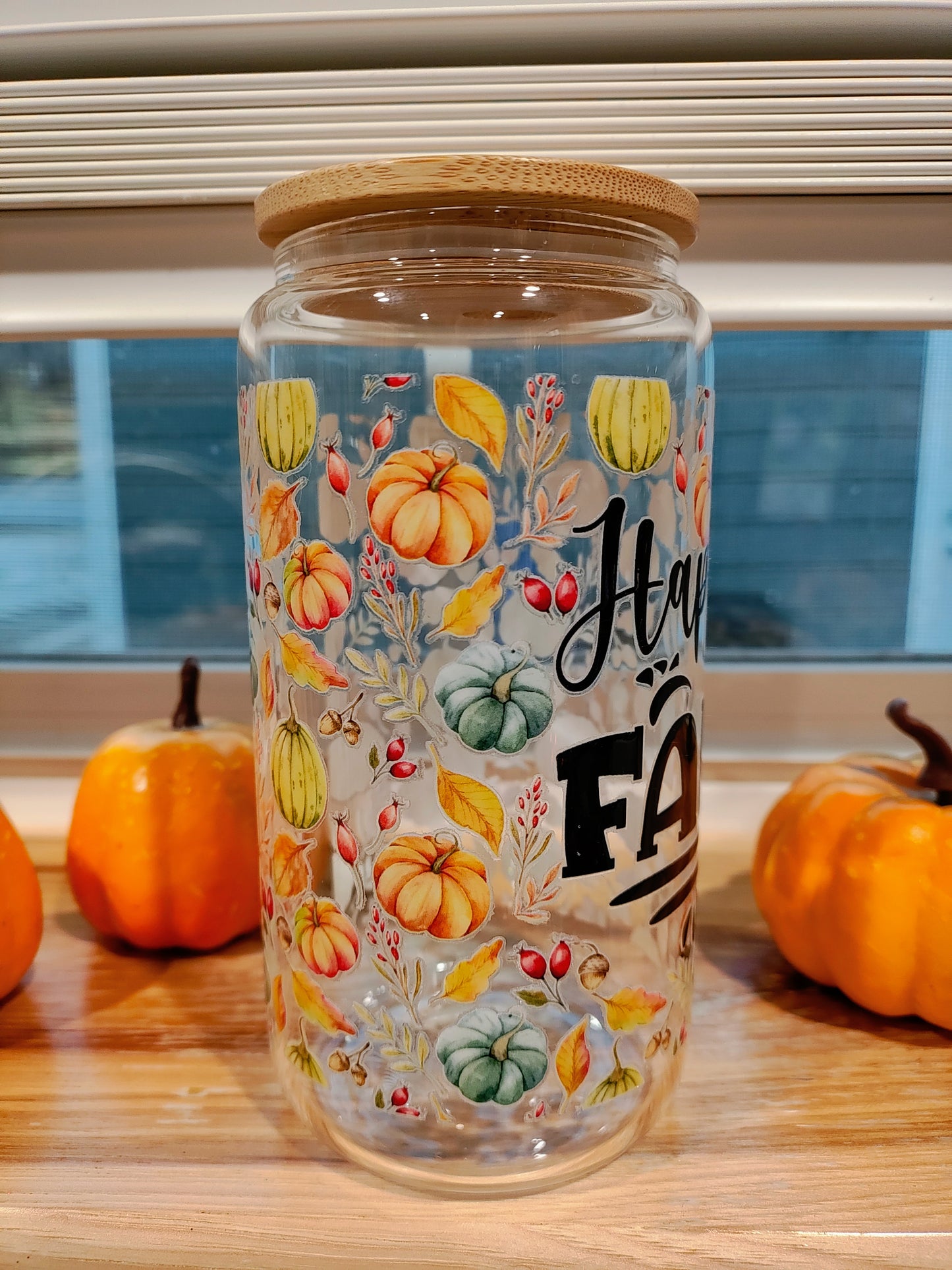 Happy Fall 16OZ Glass Can with Bamboo Lid