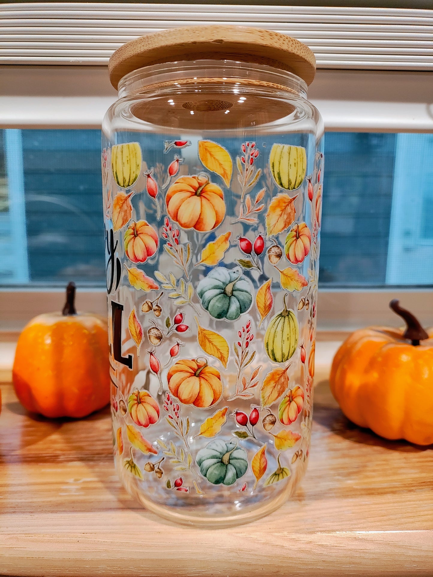 Happy Fall 16OZ Glass Can with Bamboo Lid