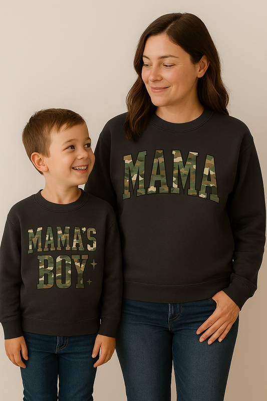 Camo Mama + Mama’s Boy Matching Crewnecks