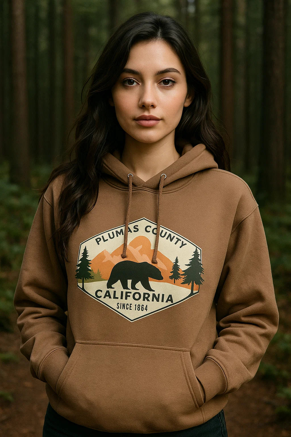 Plumas County Hoodie – cozy cotton blend sweatshirt featuring a Plumas County mountain design