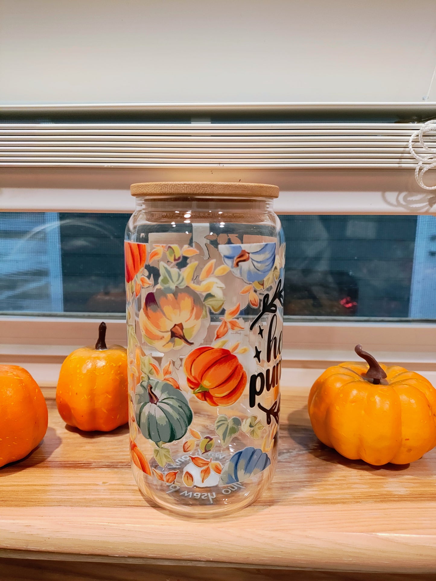 Hello Pumpkin 16OZ Glass Can with Bamboo Lid