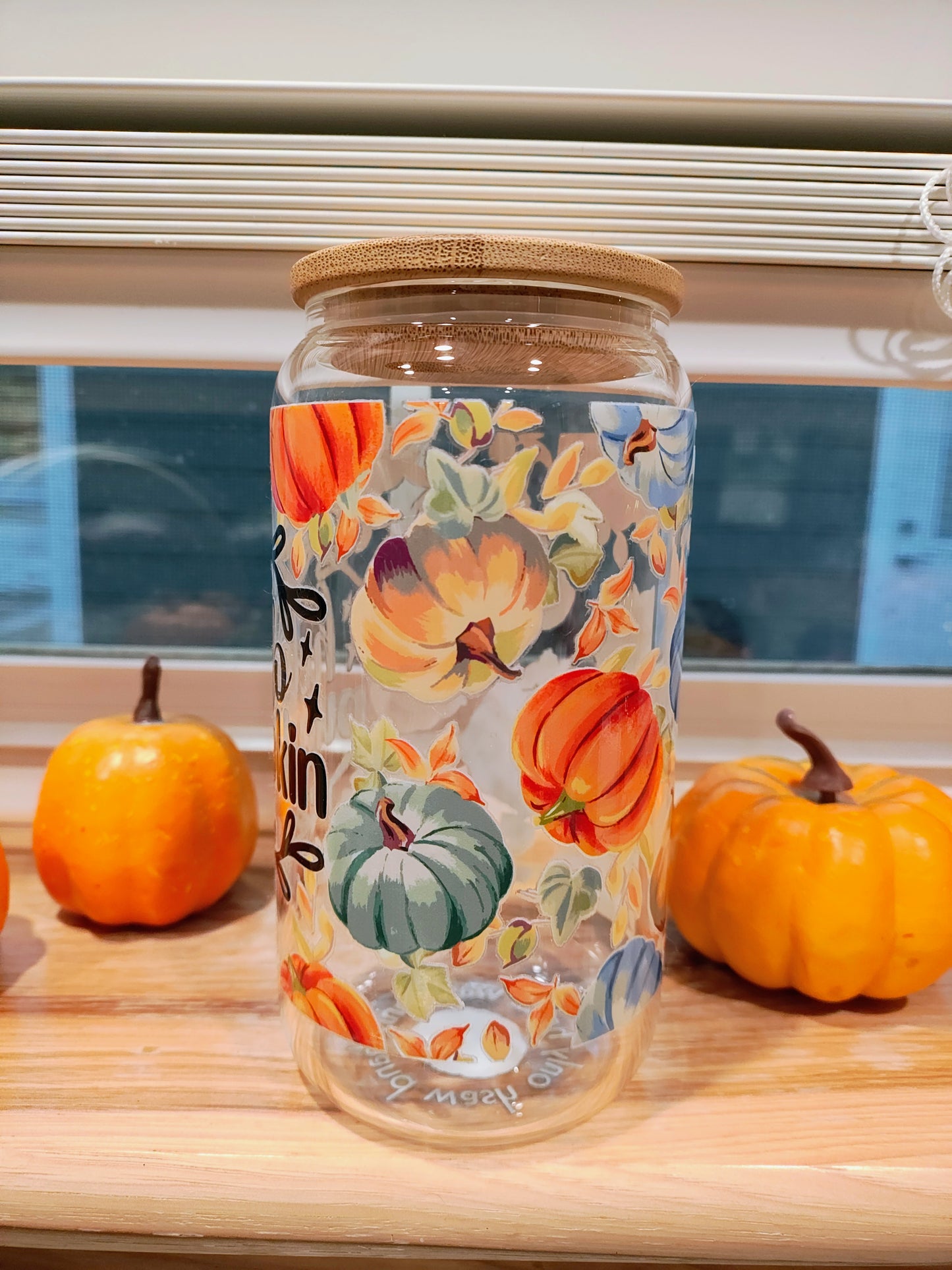 Hello Pumpkin 16OZ Glass Can with Bamboo Lid