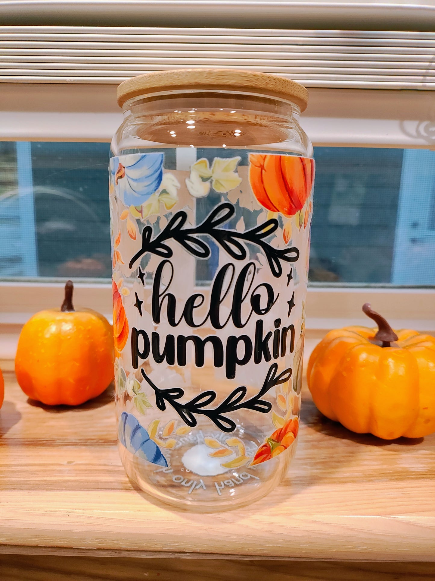 Hello Pumpkin 16OZ Glass Can with Bamboo Lid